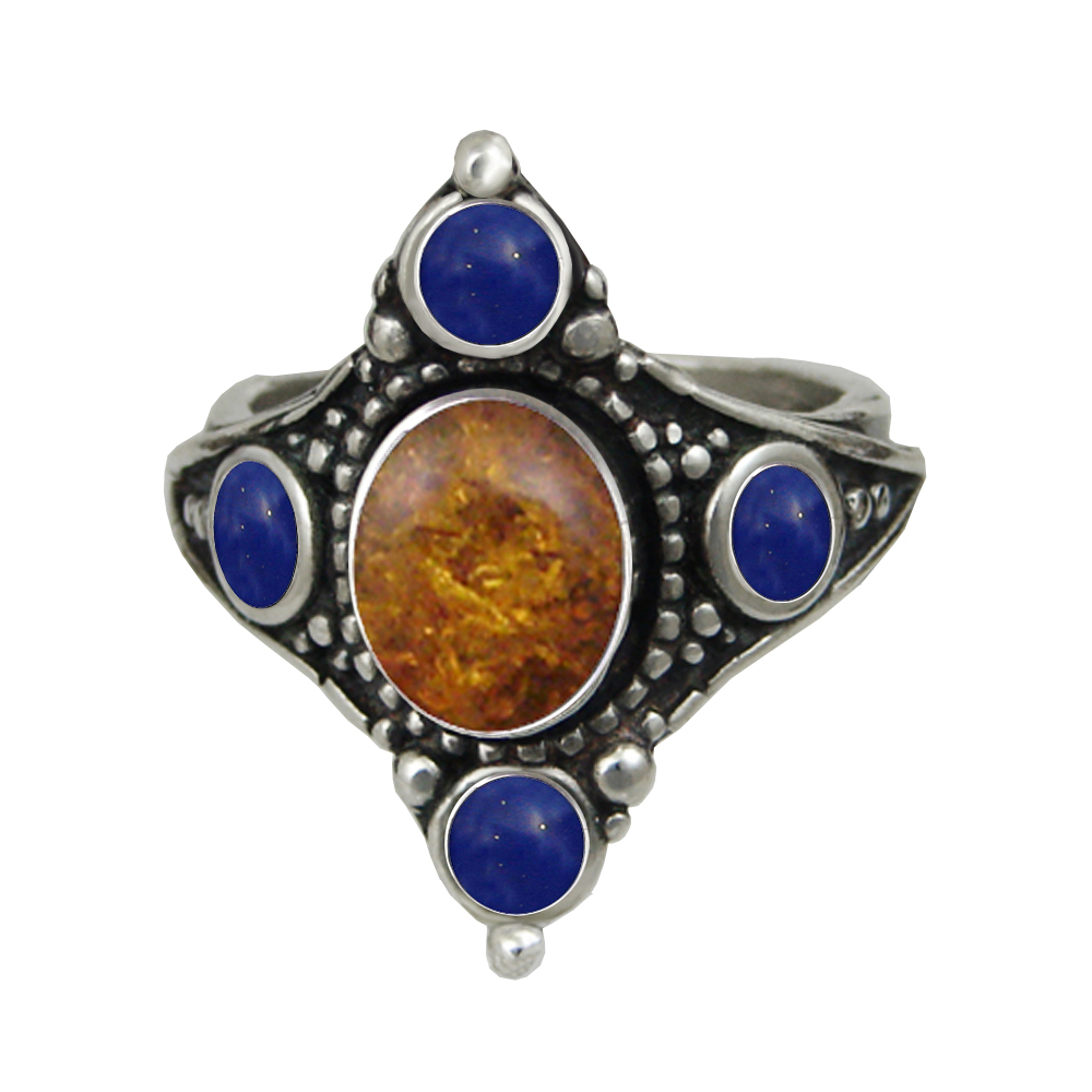 Sterling Silver Renaissance Queen's Ring With Amber And Lapis Lazuli Size 9